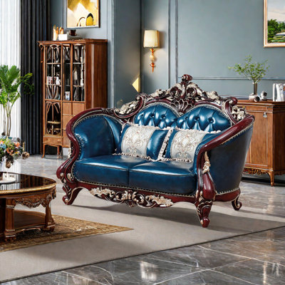 Double-sided Solid Wood Carved European Sofa 74.8'' Leather Loveseat