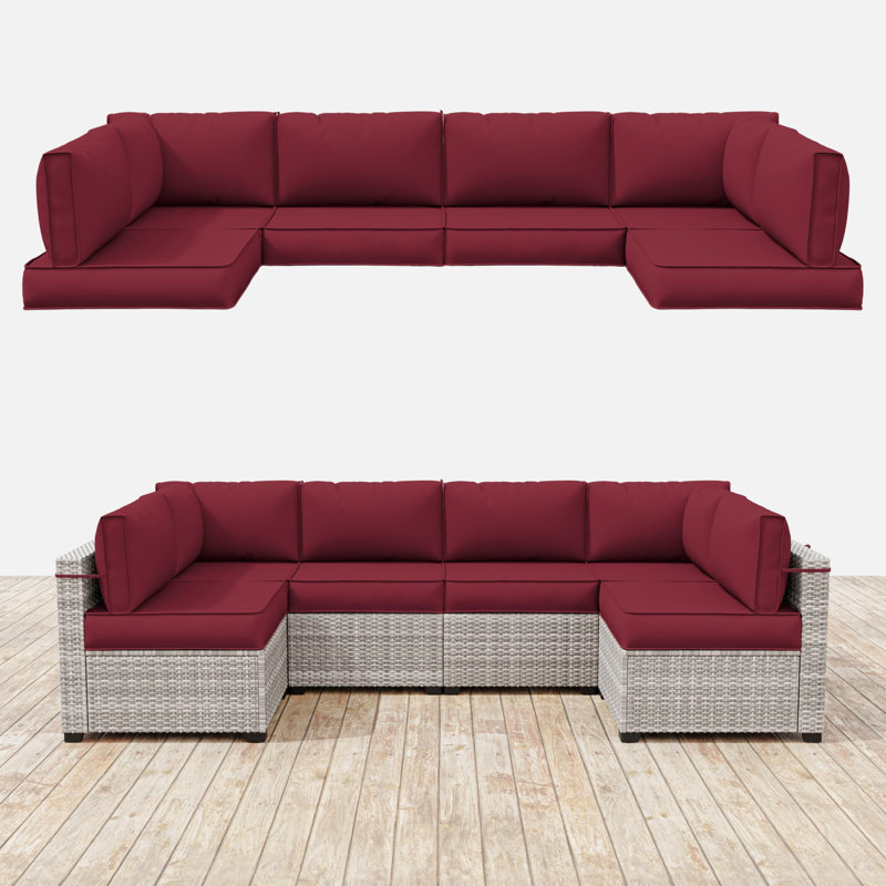 14-Piece Outdoor 4" Replacement Cushion Set Seat/Back Cushion (Set Of 6 Cushion , 6 Backrests , 2 Coner Cushions), Burgundy