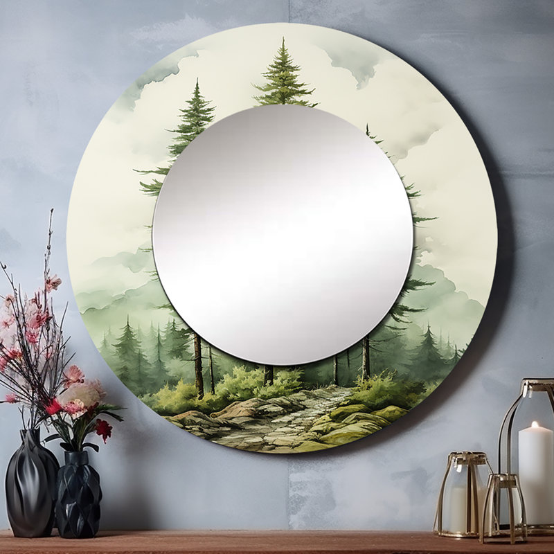 Green Pine Tree Eernal Guardians II - grand miroir mural en pin, miroir rond traditionnel unique, impression d'art en métal