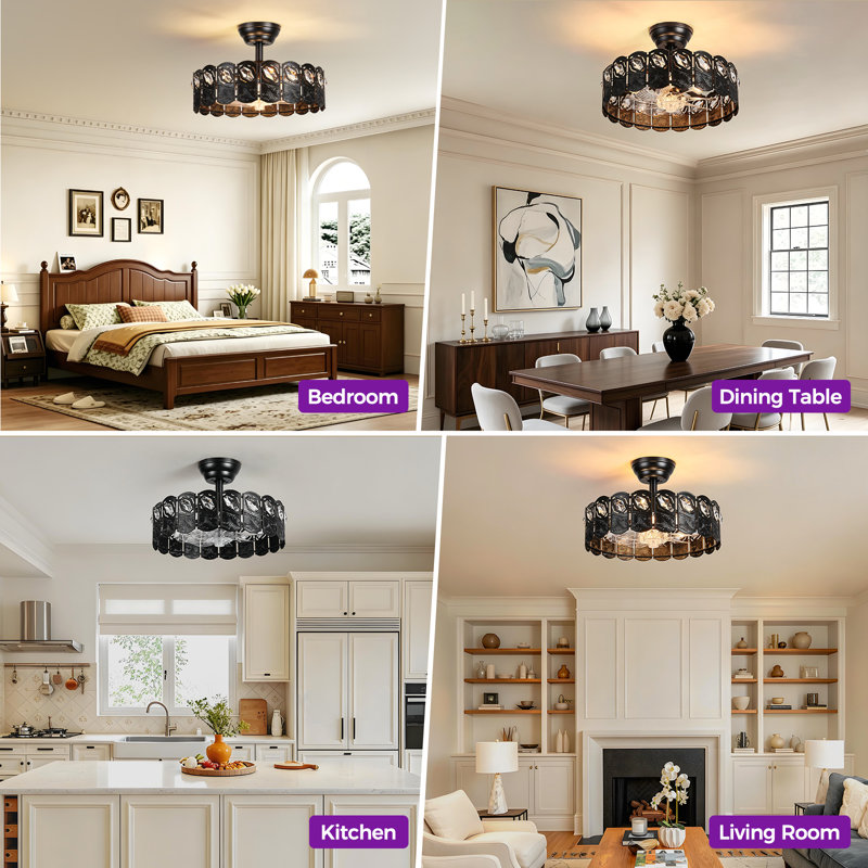 18" 4-Light Black Crystal Wave Metal Cage Ceiling Fan with Light, 7 ABS Blades, Reversible DC Motor, Remote Control, Height Adjustable