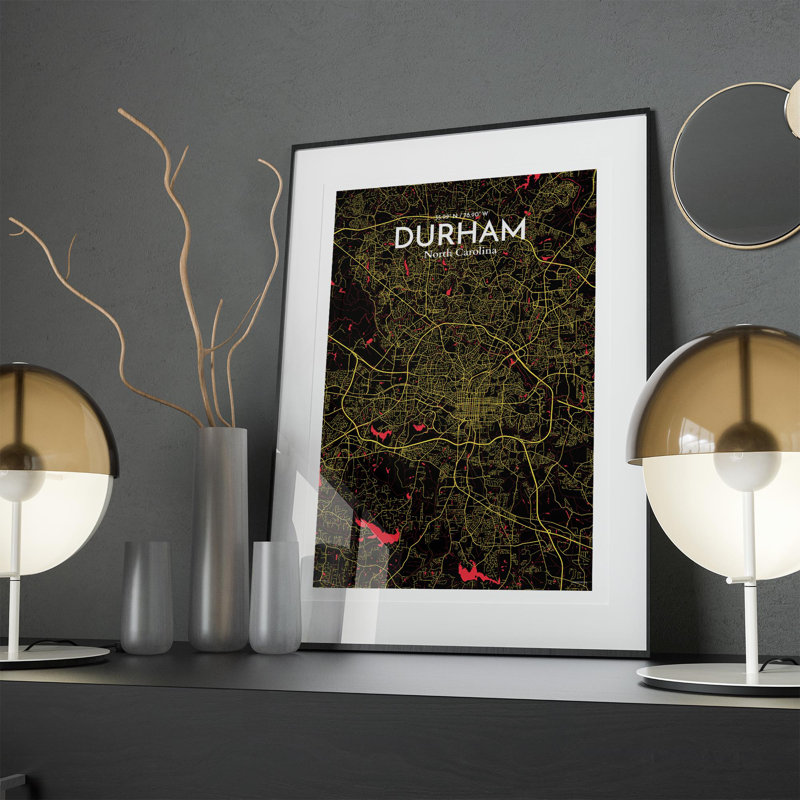 Durham City Map, impression, H 17 po x l 11 po, Noir / rouge / jaune