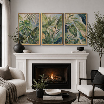 Tropical Green Leaf Botanical Artwork, Living Room Pictures, Framed Canvas Giclee Print 3 Pieces Wall Art