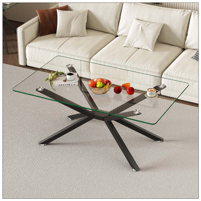 Rectangular Clear Tempered Glass Coffee Table with Black Metal Legs, Transparent Top/Black Base