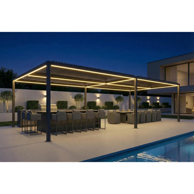 PURPLE LEAF Large Louvered Pergola 92KS 13' x 30' with Integrated Solar LED Strip Light Adjustable Aluminum Roof Weather-Resistant Pergolas for Outdoor Patio Garden Yard Gray 