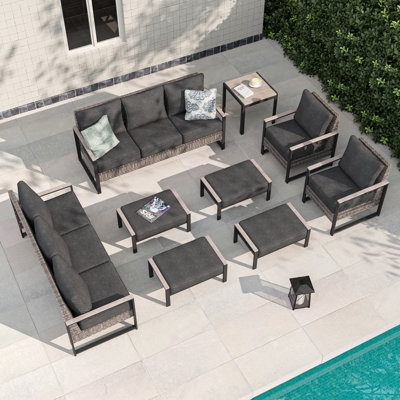 9 Piece Patio Conversation Set with 3 Seater Sofa & Ottomans & Chair & Table