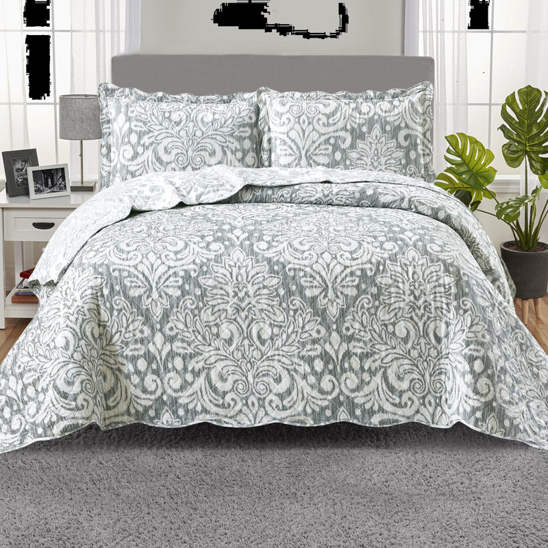 Cammeron Polyester Floral Bedspread with Pillowcases, Single, Grey
