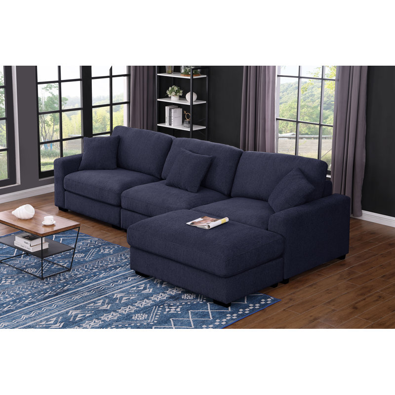 Canapé modulaire rembourré en L de 130 po avec repose-pieds modulaire et repose-pieds, Chenille bleu foncé