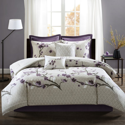 8 Piece Comforter King. Purple/Taupe Cotton . . Floral Print Design. Includes Comforter, 2 Euro Shams, Decorative Pillows, . Machine Washable. King . Fabric. Printed.