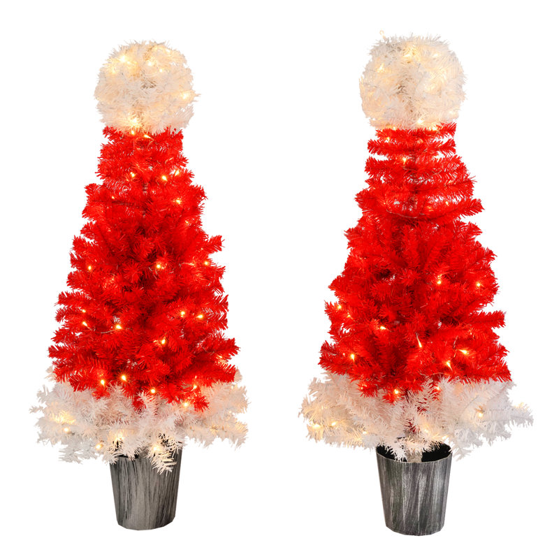 4ft Artificial Tree Of 2 In Hat Style, Warm White Lighted Bells For Decor