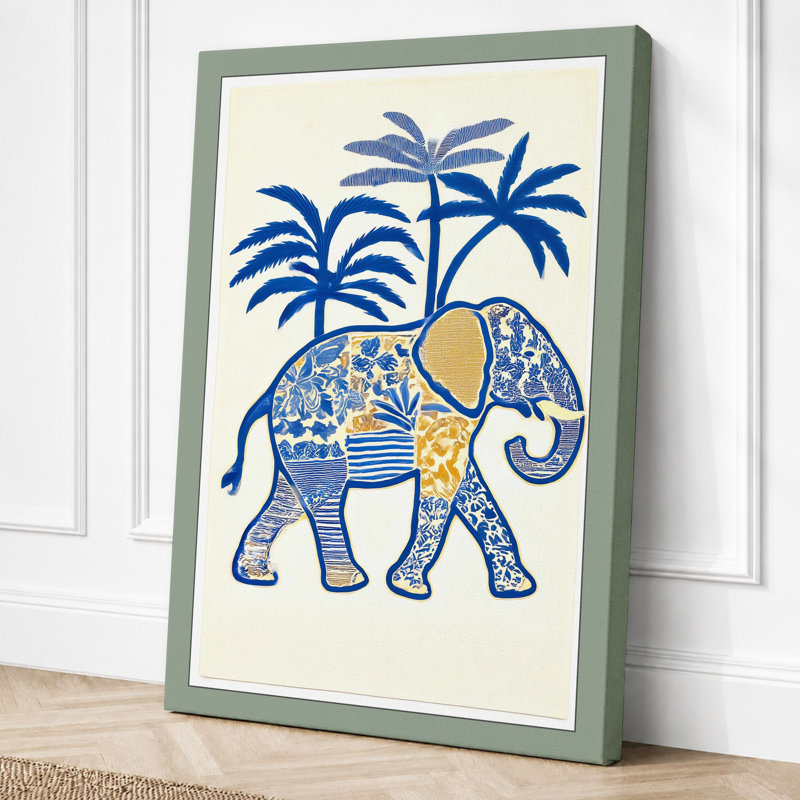 Elephant With Palms Boho - Print, 24x16 - 61.0 x 40.6 cm, Sage Border