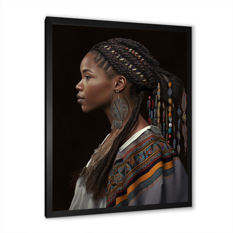 Femme afro-américaine, vêtements traditionnels V sur toile, Cadre photo noir, H 44 po x l 34 po x P 1,5 po