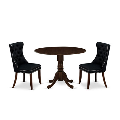 3 Piece Kitchen Table & Chairs Set Includes a Round Dining Table with Dropleaf and 2 Polyester Fabric Upholstered Chairs, 42x42 Inch, Antique Walnut