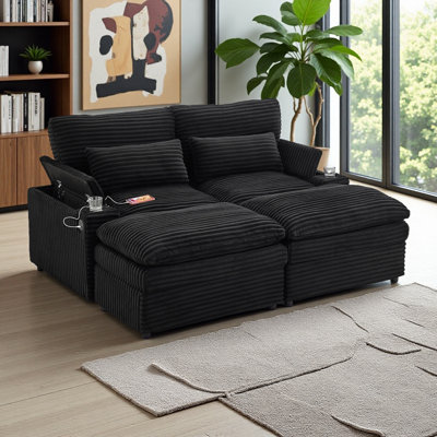 Canapé-lit modulaire à combinaison libre 70,9 po avec causeuse avec espace de rangement, deux repose-pieds mobiles, quatre ports USB et deux porte-gobelets pour le salon