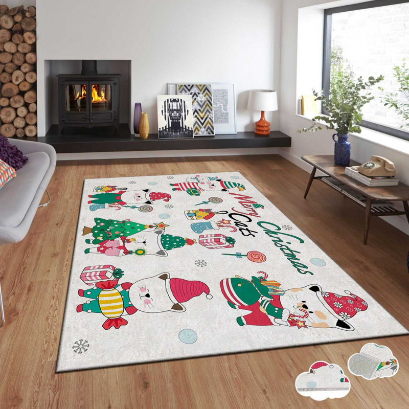 Tapis rectangulaire tissé à la machine en polyester blanc / vert / rouge, Rectangle 2 pi 7 po x 4 pi 7 po