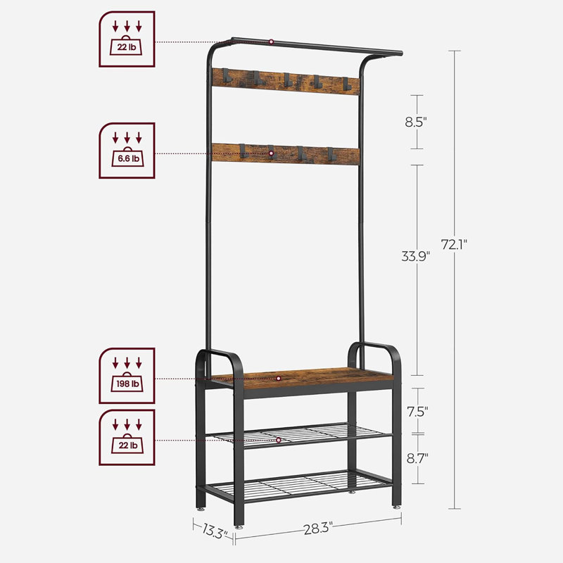Arbre d'entrée 28 po 4 en 1 pour vestibule, portemanteau avec banc à chaussures, 9 crochets amovibles et tringle à vêtements