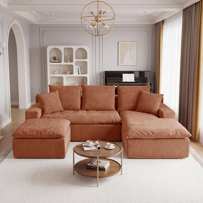 Canapé modulaire en U 92,51 po, canapé modulaire en chenille avec ressorts ensachés, sièges rembourrés à assise profonde modernes pour le salon, pouf à roulettes sans assemblage