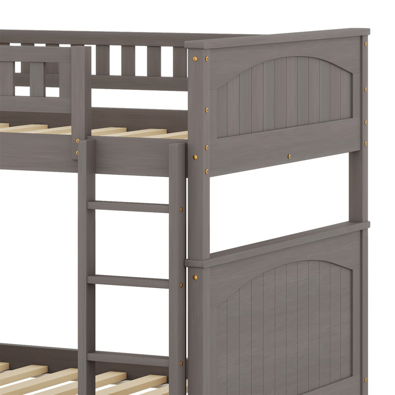 Wood Bunk Bed With Trundle, Guardrails, Brushed Gray