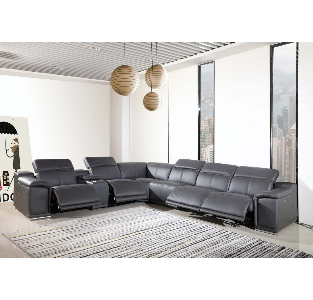 Harwyn 138" Wide Genuine Top Grain Italian Leather Symmetrical Reclining Corner Sectional Orren Ellis Leather 