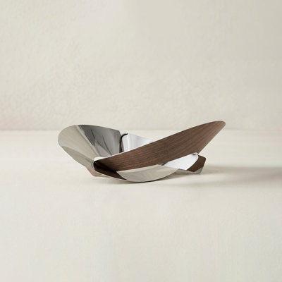 Sculptural Fruit Bowl, Walnut Wood & Mirror-Polished Stainless Steel, Modern Decorative Centerpiece, Small and Large