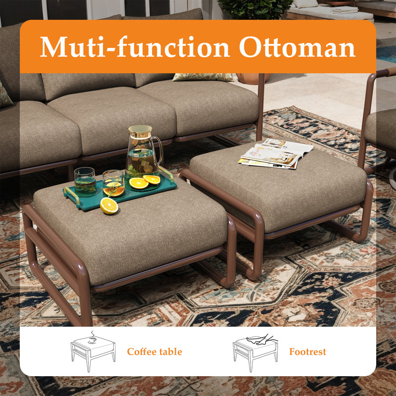Modern 10-Piece Outdoor Metal Frame Patio Conversation Set with Propane Fire Pit Table, Includes 3-Seat Sofa, 4 Swivel Rocking Chairs, 2 Ottomans, and 2 Side Tables, Brown