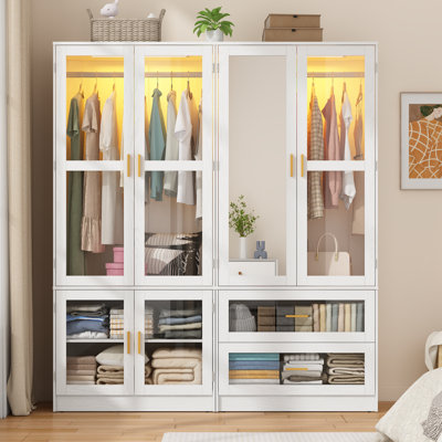 71" H Armoire With LED Sensor Lights, Acrylic Mirror, Drawers And Hanging Rod