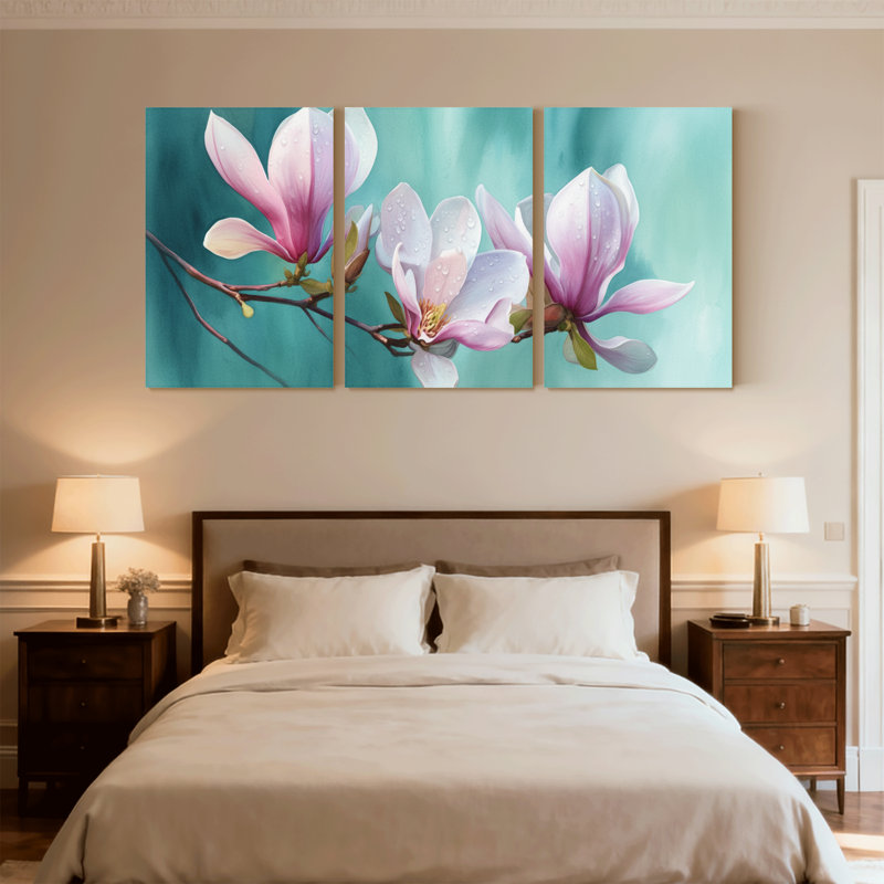 Plantes et fleurs, fleurs de magnolia roses sur fond bleu sarcelle, ensemble de 3 impressions sur toile, H 18 po x l 36 po