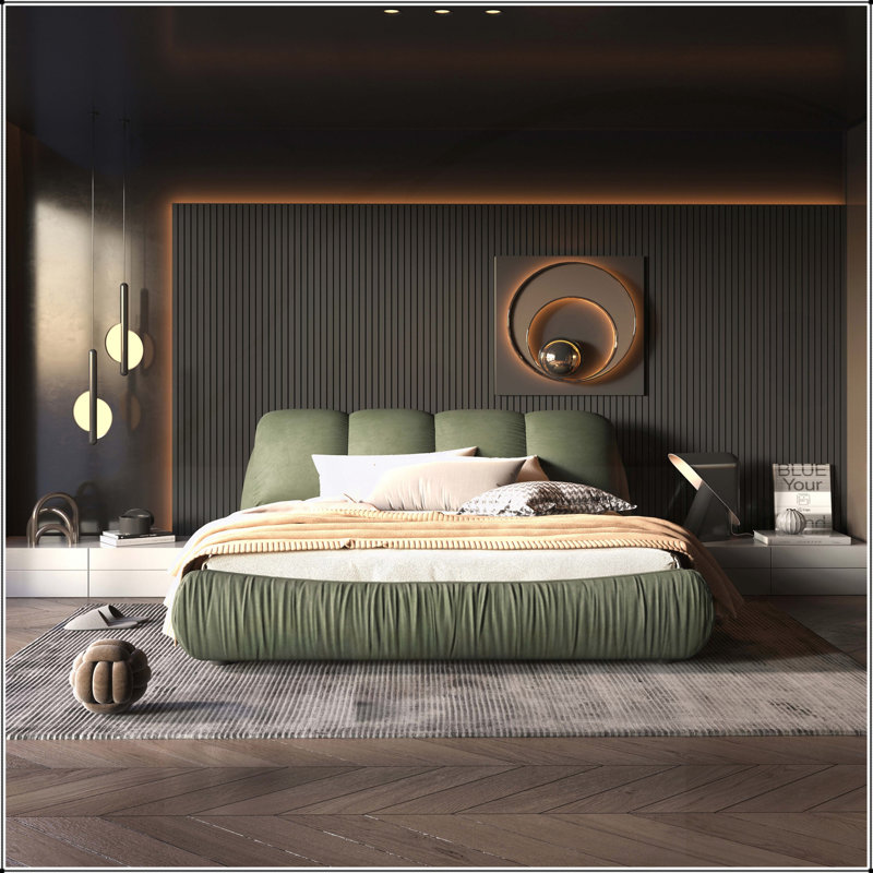 Grand lit plateforme tapissier grand format avec dossier rembourré surdimensionné et structure en bois massif, convenant à plusieurs hauteurs de matelas, gris