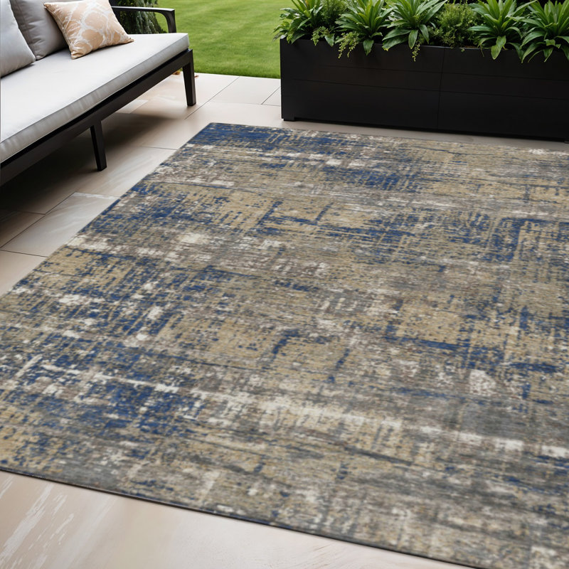 Tapis extérieur lavable géométrique bleu marine et beige 5 pi x 8 pi