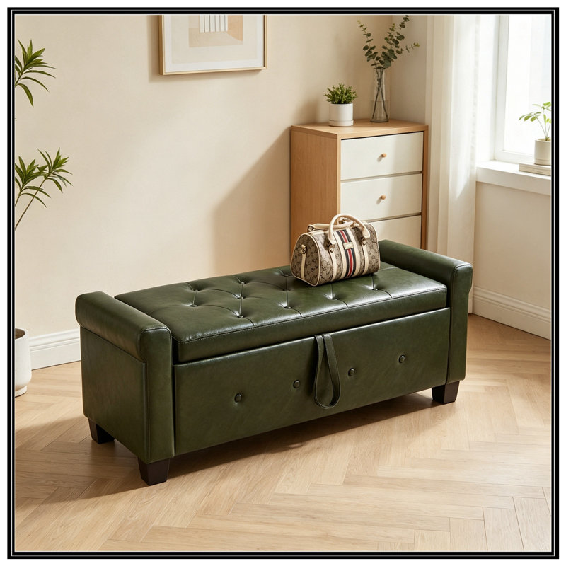 Banc rembourré capitonné avec rangement, Vert foncé