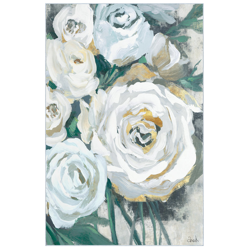 Tapis blanc lavable Bouquet de fleurs II, tissé à la machine, douceur avec envers antidérapant