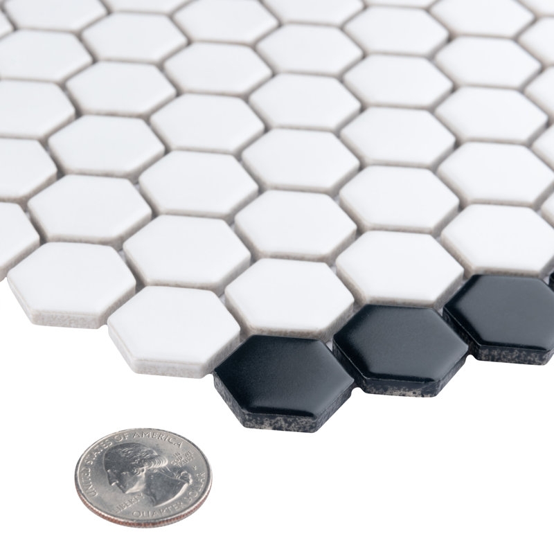 Metro Geo 1" Hex Matte White with Black Edge 10-1/2" x 11-5/8" Porcelain Mosaic Tile