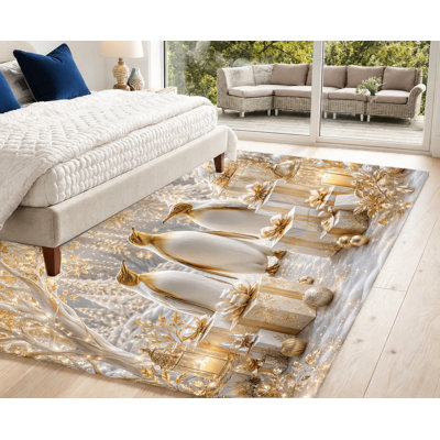 Tapis de Noël fantaisiste à motif de pingouins lavable à la machine avec envers antidérapant, tapis festif à motif de scène d'hiver, décoration intérieure confortable pour le salon, la chambre à coucher, la salle à manger, le vestibule, appartement