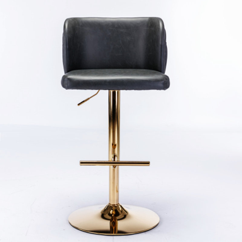 Jeneanne Swivel Upholstered Adjustable Height Counter Stool with Metal Frame, Dark Gray Leather, Gold