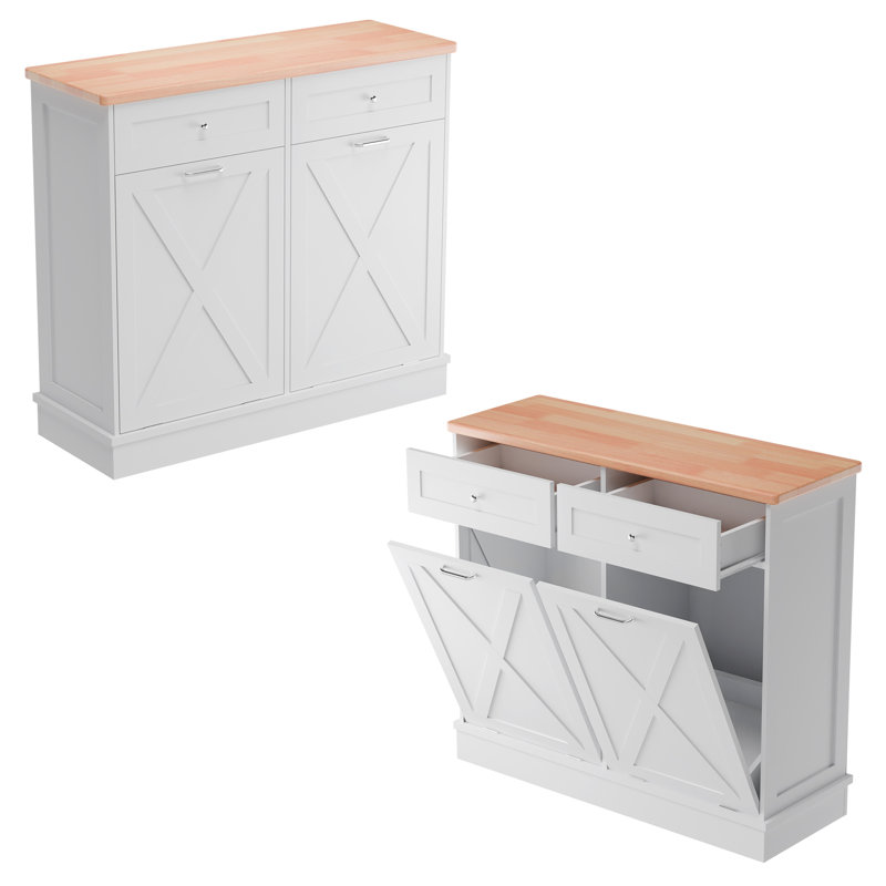 White Rubberwood Double Tilt-Out Kitchen Cabinet with Drawers
