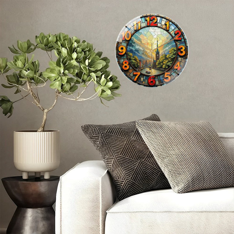 Horloge murale vitrail avec art de paysage urbain 12 po