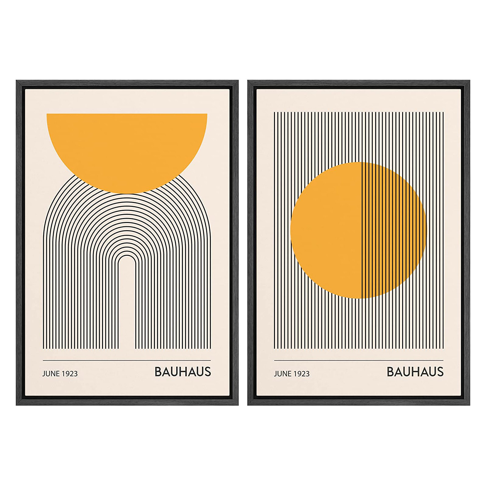 Mid Century Modern Boho Bauhaus Solar Sun Abstract Art Decor Framed On Canvas 2 Pieces Print, Black Floater Framed