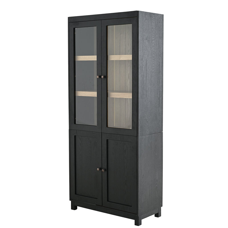 Bibliothèque 74,5 po H en bois de frêne avec rangement, garde-manger avec portes en verre et tablettes réglables, bibliothèque moderne Mid-Century pour couloirs, salon, cuisine et bureau - noir