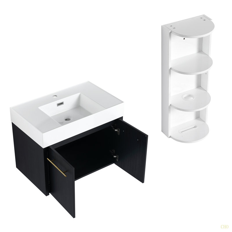 Meuble-lavabo mural de 30 po avec lavabo et support de rangement, lavabo en résine à rebords épais, ensemble KD