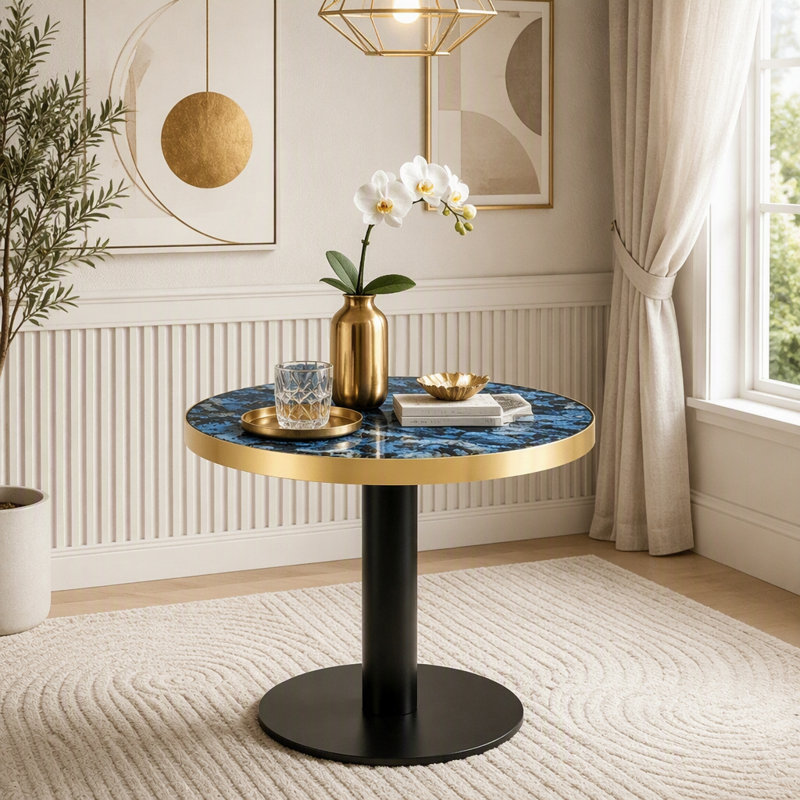 Table bistro ronde de 23,6 pouces avec bordure en acier inoxydable, Noir, or et bleu