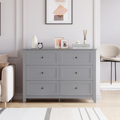 Commode 6 tiroirs grise, commode moderne avec tiroirs profonds et poignée ronde en nickel, armoire de rangement en bois pour chambre à coucher, salon, couloir