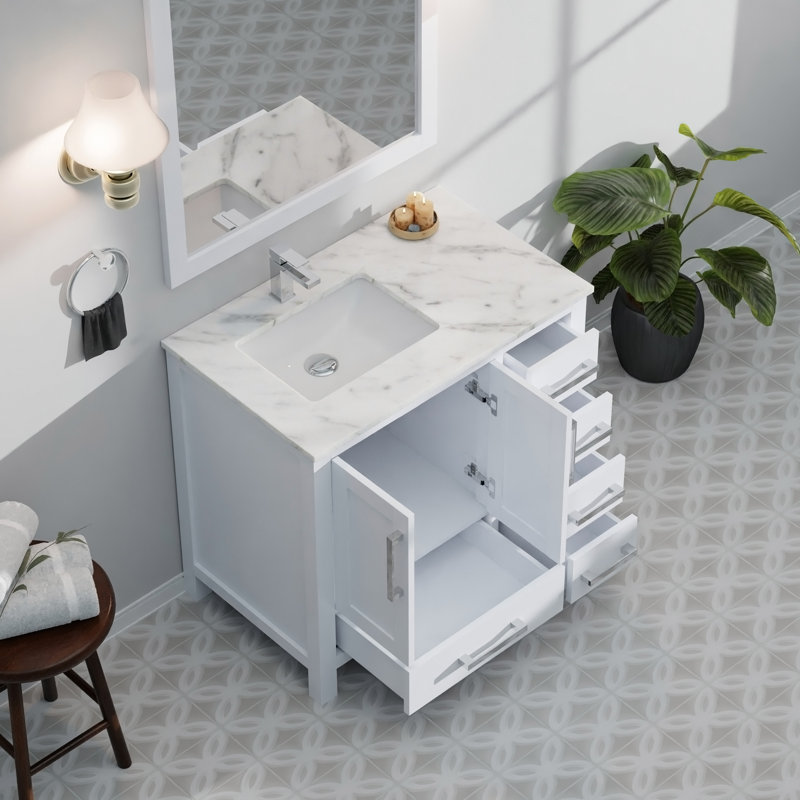 Meuble-lavabo de salle de bain 36 po X P 22 po D, plateau en marbre de Carrare décalé à gauche et Miroirs