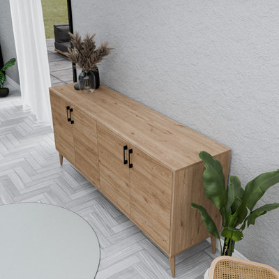 Console élégante avec de nombreuses tablettes, finition chêne, 70,9 x 32,3 x 17,7 pouces | Panneau de particules 100% mélaminé, pieds en bois, fixation murale | Idéal pour le salon, le couloir et l'entrée, design élégant et fonctionnel