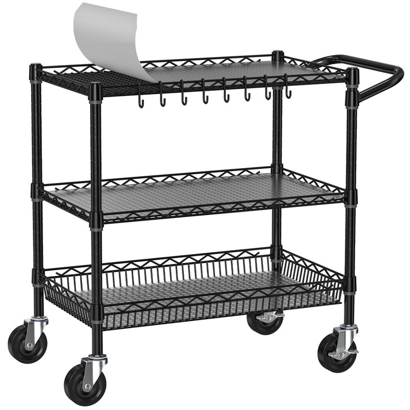 3-Tier Commercial-Grade Heavy-Duty Metal Rolling Cart — Storage Cart with Handle and Shelf Liners