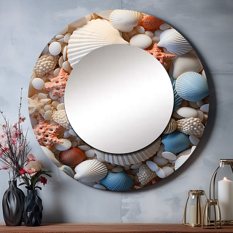 Plage photo coquillage Collage II - grand miroir côtier, décor de miroir mural rond unique côtier, impression d'art en métal