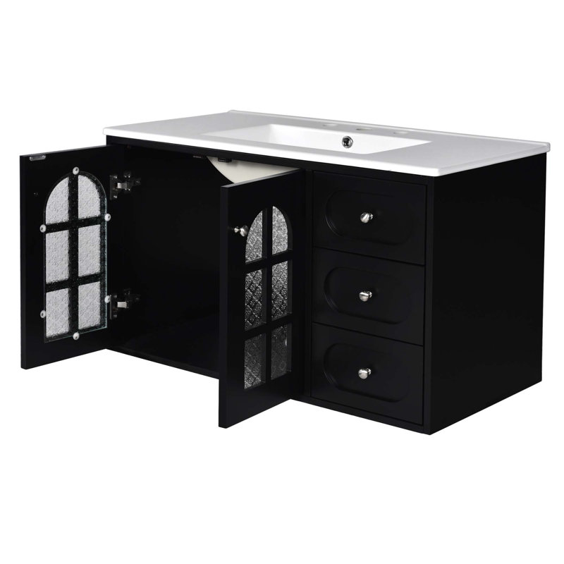 Meuble-lavabo flottant 36 po avec lavabo en céramique, armoire de salle de bain murale avec 3 tiroirs et système de fermeture en douceur