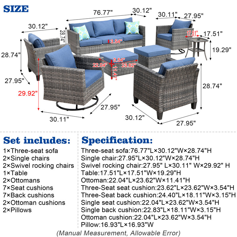 GRST Wicker/Rattan 7-Person Seating Group with Cushions, Blue