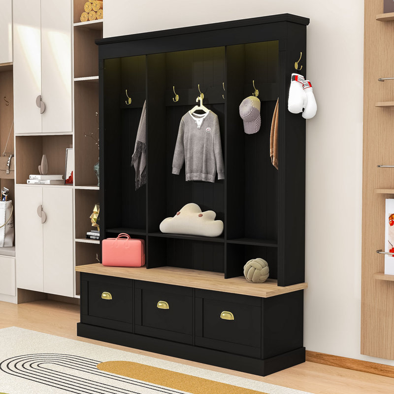 Elegant Hall Tree with Shelves, Hooks, LED Lighting and Bench Seating for Entryway, Black