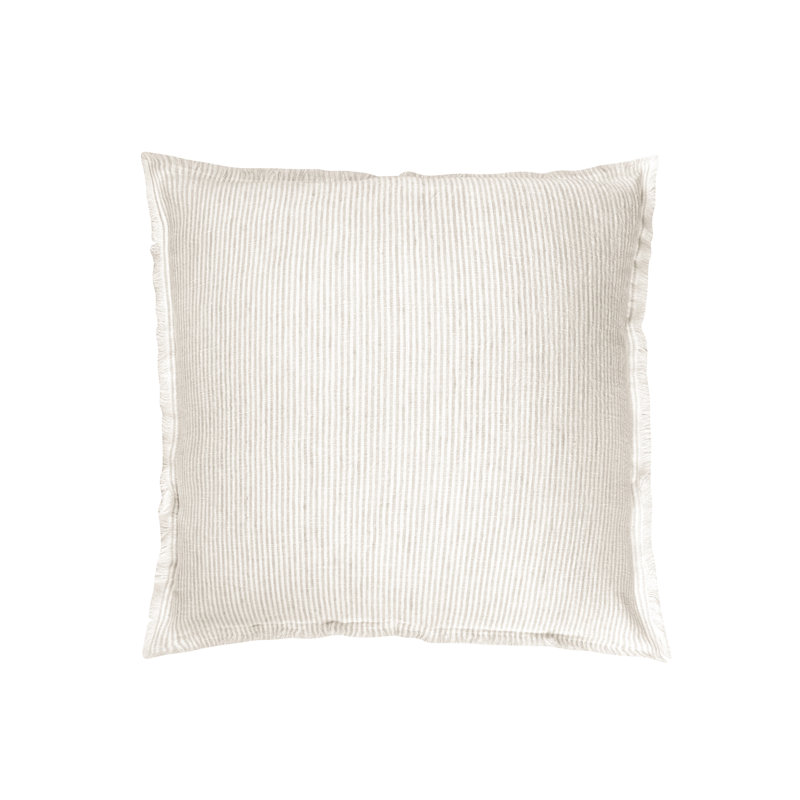 Natural Beige and White Striped Linen Fringe Pillow