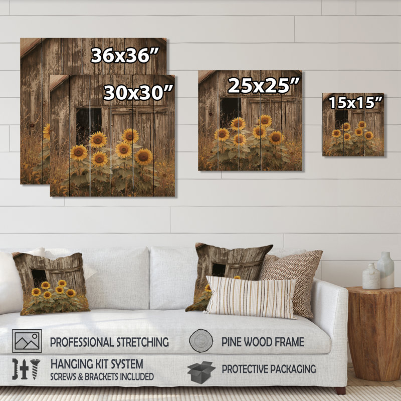 Sunflowers By The Old Wooden Barn I - Sunflowers Wood Wall Decor - On Natural Pine Wood, 25" H x 25" W x 0.78" D
