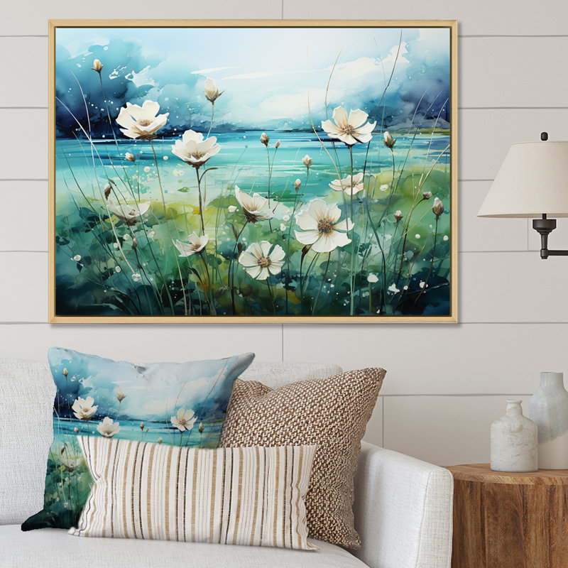 «Misty Flower Meadows II», reproduction sur toile, Cadre flottant blanc, H 12 po x l 20 po x P 1 po